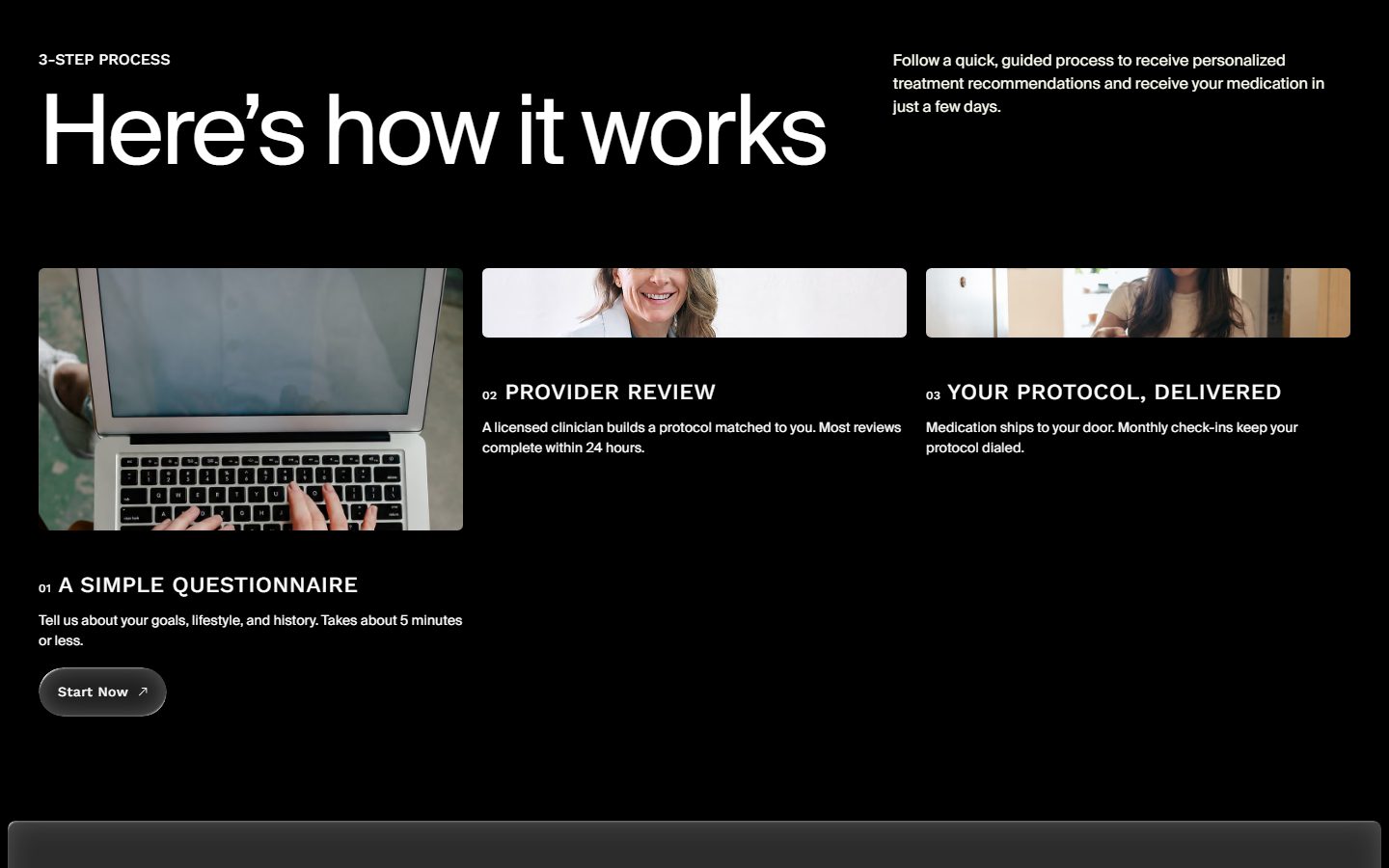 The patient-facing intake flow on a live partner storefront. Platform marks blurred.